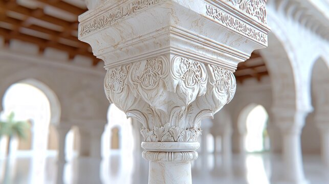 Ornate carved marble pillar in a grand hall with arches and intricate architectural details