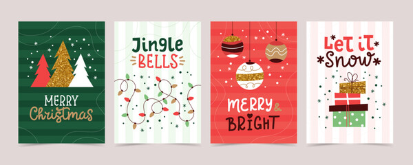Christmas card set with decorations and calligraphy. Minimalist simple festive vector design templates