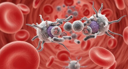 Microscopic view of platelets aggregating around blood cells promoting healing and clotting