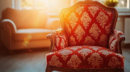 Ornate red patterned armchair in sunlit room, with blurry light sofa behind