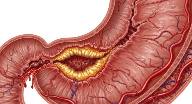 Close-up view of a stomach ulcer showing eroded inner lining and surrounding tissue detail