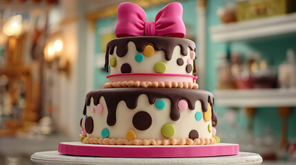 A three tiered birthday cake with candles and lollipops on a black background watercolor style 