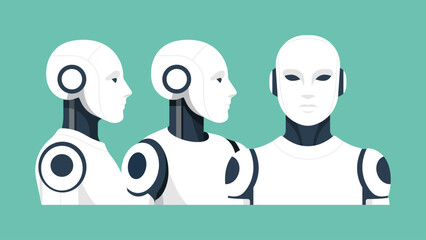 Humanoid robots front and side view portraits, symbol of technology, digital future, modern engineering, innovation, machine and society concept. Flat vector illustration