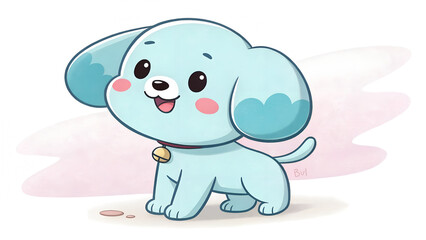 Obraz premium Cute cartoon puppy illustration with light blue fur, big ears, happy face and small bell collar on simple pastel background perfect for children’s books, toy branding and playful decorative artwork