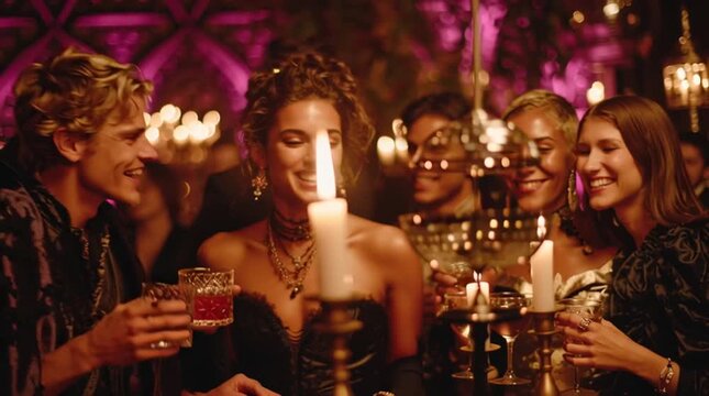 Cinematic, vibrant Halloween party scene: stylish young adults in creative costumes laugh and mingle in a dimly lit, elegantly decorated room. Moody candlelight, purple uplighting, and disco reflectio