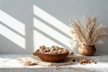 Bowl of nuts with dried pampas grass and sunlight shadows
