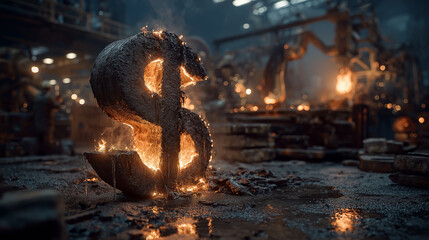 Illustration of molten steel forming into glowing dollar signs in an industrial plant, surrounded by machinery, smoke and metal. Symbol of economy and production value.