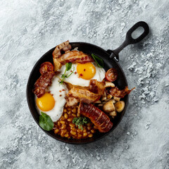 Hearty breakfast skillet with fried eggs and bacon