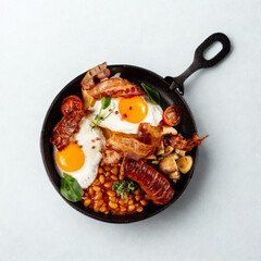 Hearty full english breakfast served in a cast iron skillet