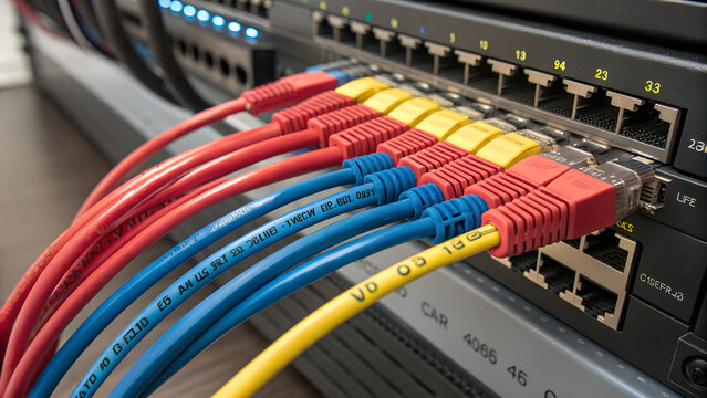 Close-up of colorful ethernet network cables plugged into modern switch in server room symbolizing high speed internet, digital communication, technology infrastructure and global connectivity - Powered by Adobe