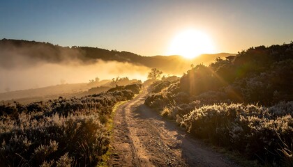 A quiet dirt road winds through a foggy valley at sunrise, with golden sunlight breaking through the mist