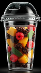 Fresh fruits and berries in a clear glass jar. Healthy fruits.