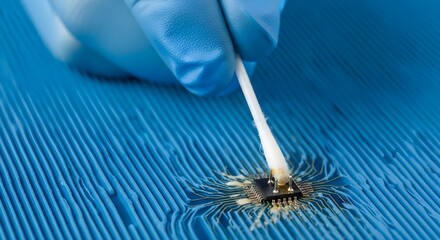 Close-up of gloved hand cleaning a circuit board with a cotton swab on a corrugated blue surface, symbolizing precision, technology, and maintenance.