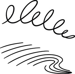 Minimalist black and white vector illustration of dynamic motion shapes. Abstract hand-drawn spiral coil and flowing air current symbols isolated on a white background