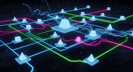 Abstract futuristic glowing network with nodes and connections, symbolizing data transfer, communication, and technology innovation