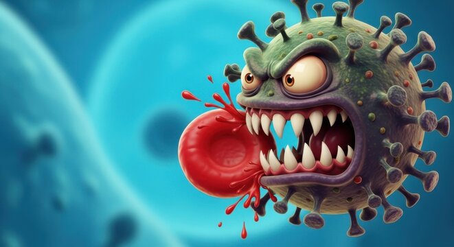 Fierce cartoon virus character with sharp teeth and spikes attacking red blood cell