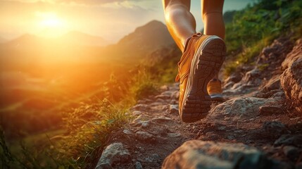 Person running uphill on a rocky mountain path at golden hour with sun flare