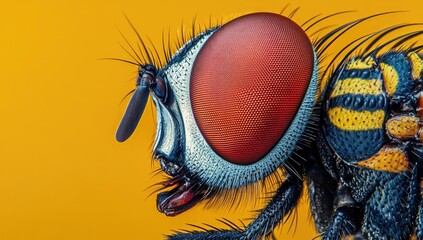 Fly macro red eye, segmented body, hair-like bristles