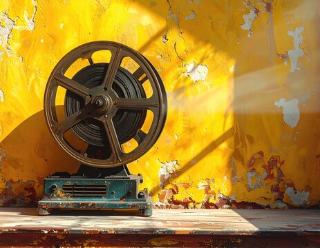 Vintage film projector on yellow wall - Powered by Adobe
