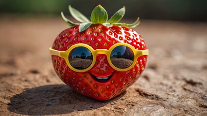 Naklejka premium A bright red strawberry with cute cartoon eyes, rosy cheeks, and tiny sunglasses 4