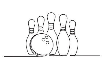 Single one line drawing bowling ball and pins. Sports equipment bowling sport game. one line Icon drawing with white background