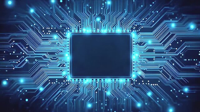 Blue Circuit Board: Futuristic CPU Chip Technology Visualization