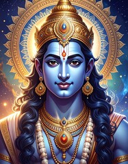 Lord Vishnu Portrait Divine Hindu God with Blue Skin and Gold Adornments