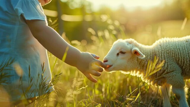 a small child is playing with a sheep. Selective focus
