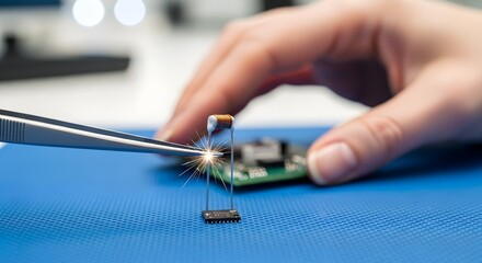 Delicate electronic component placement: Tweezer carefully soldering a capacitor on a circuit board by hand in a high-tech lab, emphasizing precision and technology.