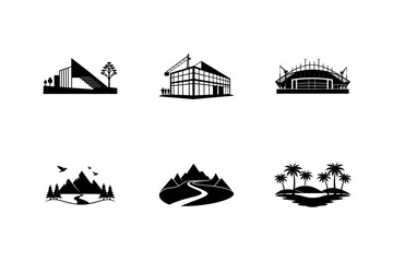 Fototapeta premium Diverse Icon Set Showcasing Architecture Construction Mountain Landscapes and Tropical Islands in a Simple Black Silhouette Style