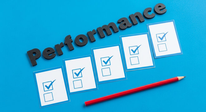 Performance improvement chart with checklist and red pencil on blue background