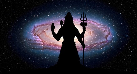 Enigmatic silhouette of a revered spiritual deity, standing majestically before a luminous spiral galaxy, evoking themes of universal consciousness and creation