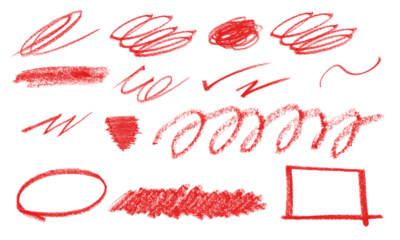 Collection of red crayon strokes and shapes isolated on transparent background