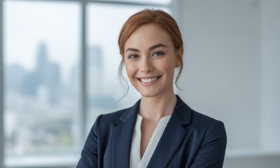 Red-haired professional woman smiling brightly in a modern office, city behind