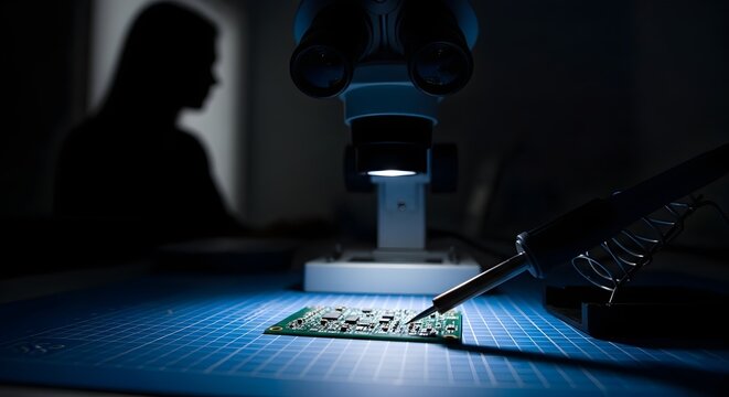 Technician soldering electronic circuit board under a microscope, with a silhouetted person in the background.
