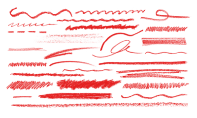 Various red crayon strokes and lines isolated on transparent background for design