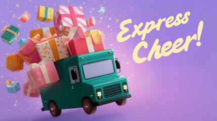 Holiday delivery truck carries festive gifts against a colorful background
