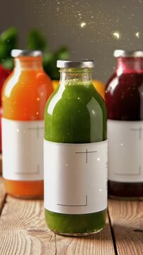 Vertical video of fresh cold pressed juice in glass bottles. Green, orange, and red detox smoothies on a wooden table with animated sparkles. Healthy lifestyle and nutrition concept with copy space