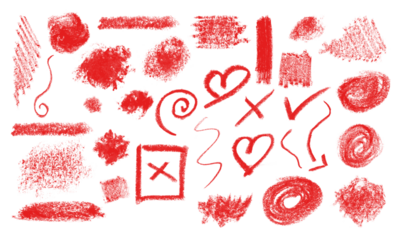 Collection of red crayon drawings isolated on transparent background, ideal for graphic design