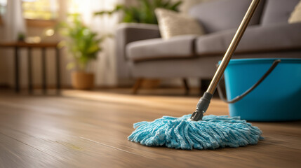 Mopping Laminate Floor With Mop. House Cleaning, Household Chores And Maintenance, Cleanliness Hygiene. Home Care Routine, Floor Cleaning Equipment, Domestic Life Daily Tasks, Modern Mop