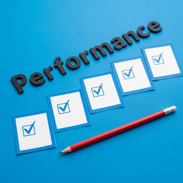 Performance review with checkmarks and pencil on blue background
