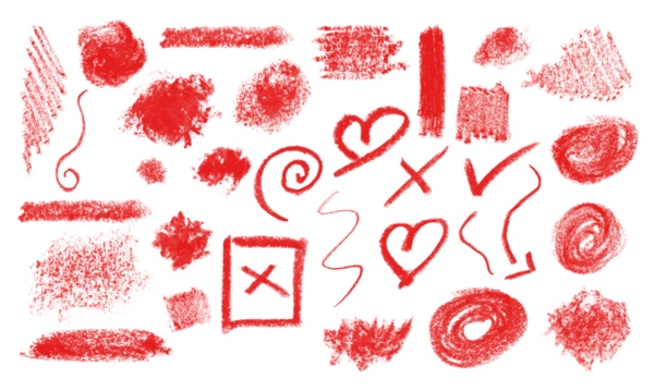 Collection of red crayon drawings isolated on transparent background, ideal for graphic design