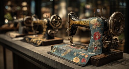 Vintage Sewing Machines with Decorative Fabric in Antique Workshop