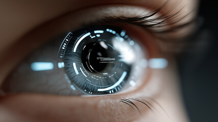 Hyper-detailed sci-fi human eye shimmering with holographic iris rings, rotating digital overlays, and glowing augmented reality projections in a cinematic cyber technology aesthetic