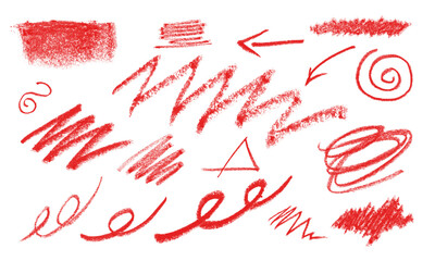 Red crayon strokes and doodles isolated on transparent background for artistic designs