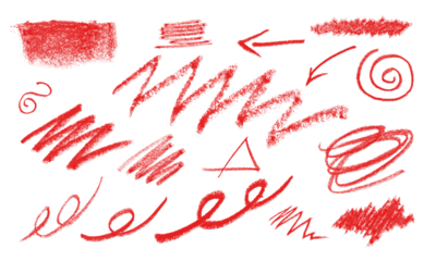 Red crayon strokes and doodles isolated on transparent background for artistic designs