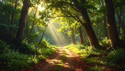 Fototapeta premium Enchanting Forest Path Bathed in Golden Sunbeams, Lush Greenery, and Serene Atmosphere.