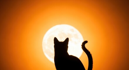 Silhouette of a cat against a full moon in an orange sky creates a dramatic scene