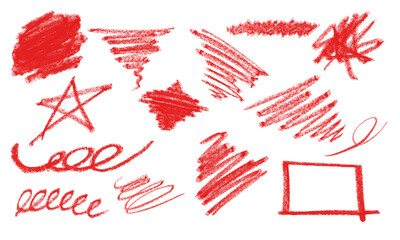 Collection of red crayon strokes and doodles isolated on transparent background for art © BasharCreates