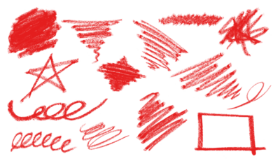 Collection of red crayon strokes and doodles isolated on transparent background for art